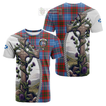 Trotter Tartan Cotton T-shirt with Family Crest and St. Andrew's Cross Accented by Thistle Vines Kid's Shirt - Tartan Vibes Clothing