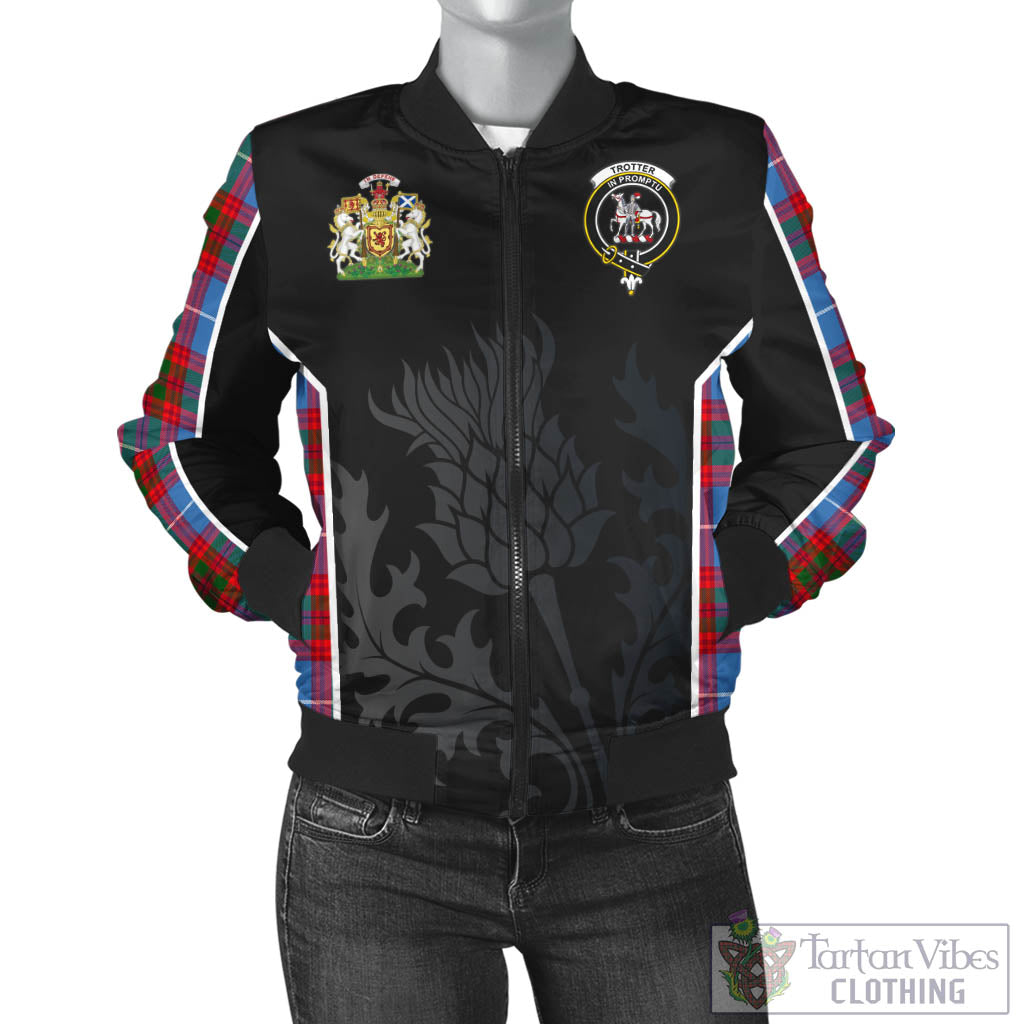Trotter Tartan Bomber Jacket with Family Crest and Scottish Thistle Vibes Sport Style - Tartan Vibes Clothing