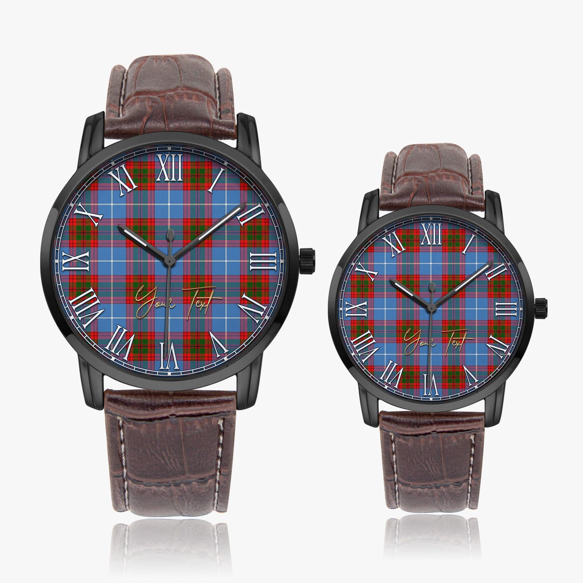 Trotter Tartan Personalized Your Text Leather Trap Quartz Watch Wide Type Black Case With Brown Leather Strap - Tartanvibesclothing Shop
