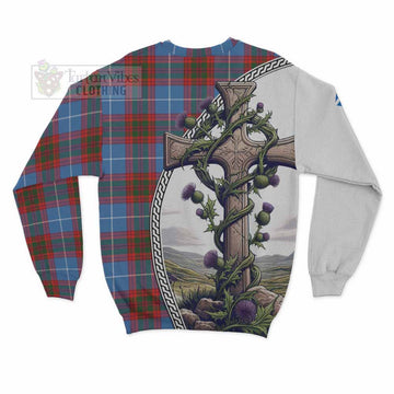 Trotter Tartan Sweatshirt with Family Crest and St. Andrew's Cross Accented by Thistle Vines - Tartan Vibes Clothing