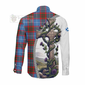 Trotter Tartan Long Sleeve Button Shirt with Family Crest and St. Andrew's Cross Accented by Thistle Vines Men's Shirt - Tartan Vibes Clothing