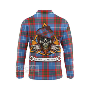 Trotter Tartan Long Sleeve Polo Shirt with Family Crest and Bearded Skull Holding Bottles of Whiskey - Tartan Vibes Clothing