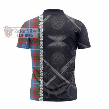 Trotter Tartan Zipper Polo Shirt with Family Crest Cross Sword Thistle Celtic Vibes - Tartan Vibes Clothing