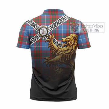 Trotter Crest Tartan Zipper Polo Shirt with Golden Lion Emblem Celtic Style - Tartan Vibes Clothing