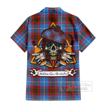 Trotter Tartan Hawaiian Shirt with Family Crest and Bearded Skull Holding Bottles of Whiskey - Tartan Vibes Clothing