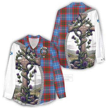 Trotter Tartan Women's Casual Shirt with Family Crest and St. Andrew's Cross Accented by Thistle Vines - Tartan Vibes Clothing