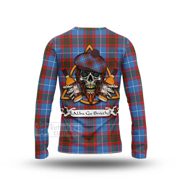 Trotter Tartan Long Sleeve T-Shirt with Family Crest and Bearded Skull Holding Bottles of Whiskey - Tartan Vibes Clothing