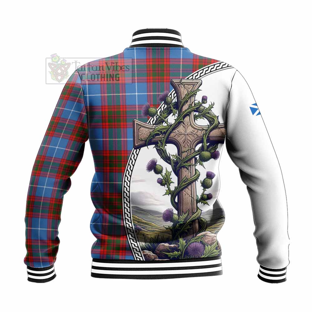 Trotter Tartan Baseball Jacket with Family Crest and St. Andrew's Cross Accented by Thistle Vines - Tartan Vibes Clothing