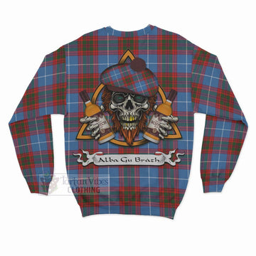 Trotter Tartan Sweatshirt with Family Crest and Bearded Skull Holding Bottles of Whiskey - Tartan Vibes Clothing