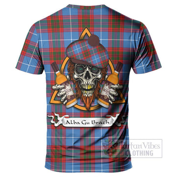 Trotter Tartan T-Shirt with Family Crest and Bearded Skull Holding Bottles of Whiskey - Tartan Vibes Clothing