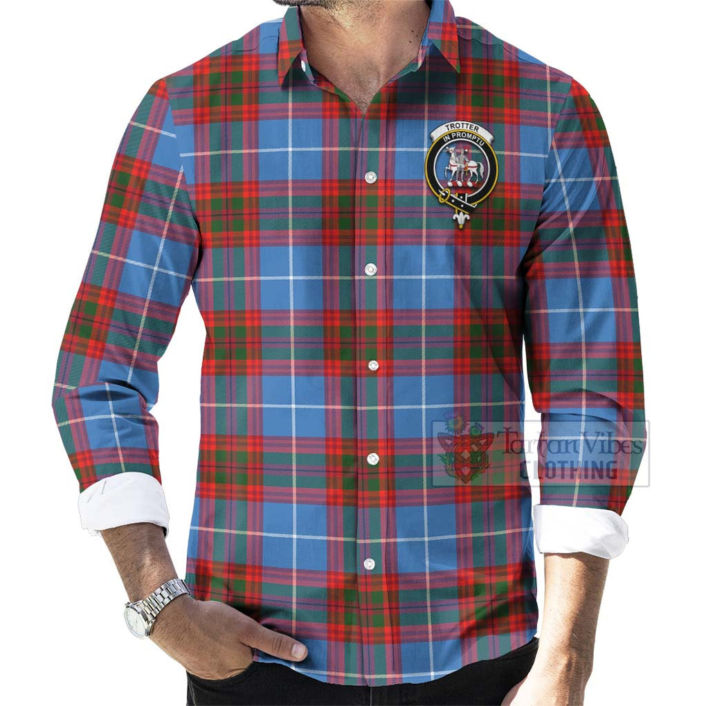 Trotter Tartan Long Sleeve Button Shirt with Family Crest Celtic Skull Style - Tartan Vibes Clothing