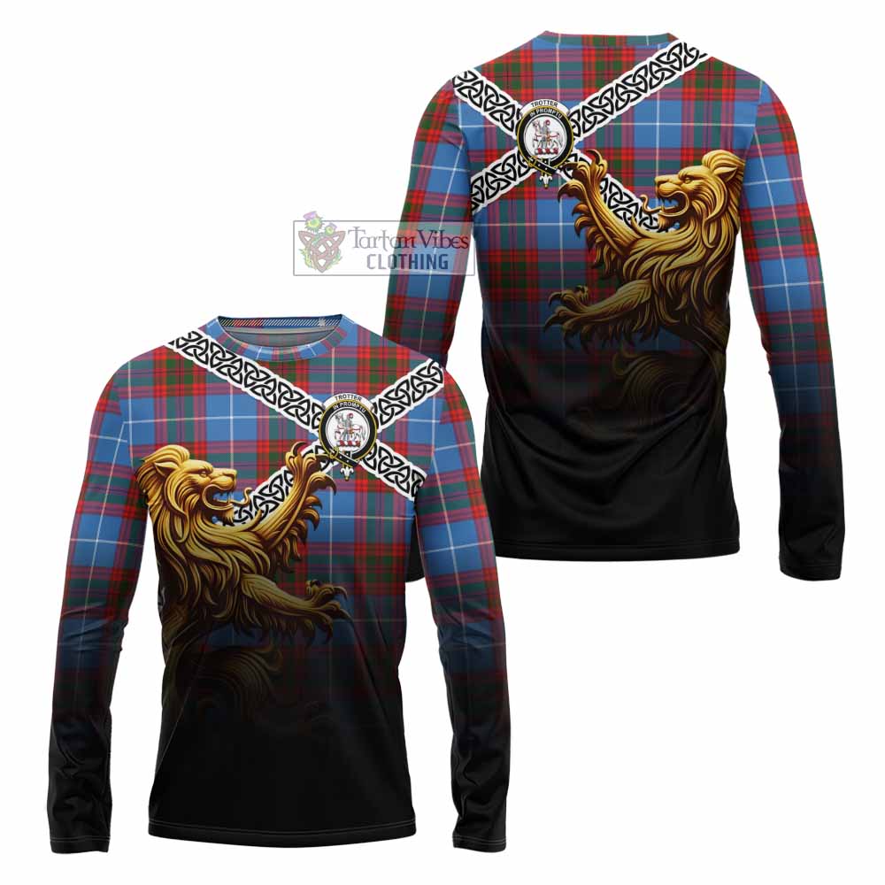 Trotter Crest Tartan Long Sleeve T-Shirt with Golden Lion Emblem Celtic Style - Tartan Vibes Clothing