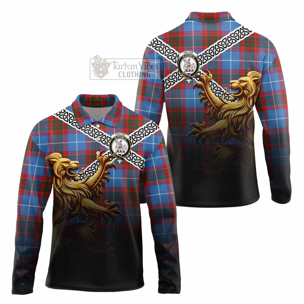 Trotter Crest Tartan Long Sleeve Polo Shirt with Golden Lion Emblem Celtic Style - Tartan Vibes Clothing