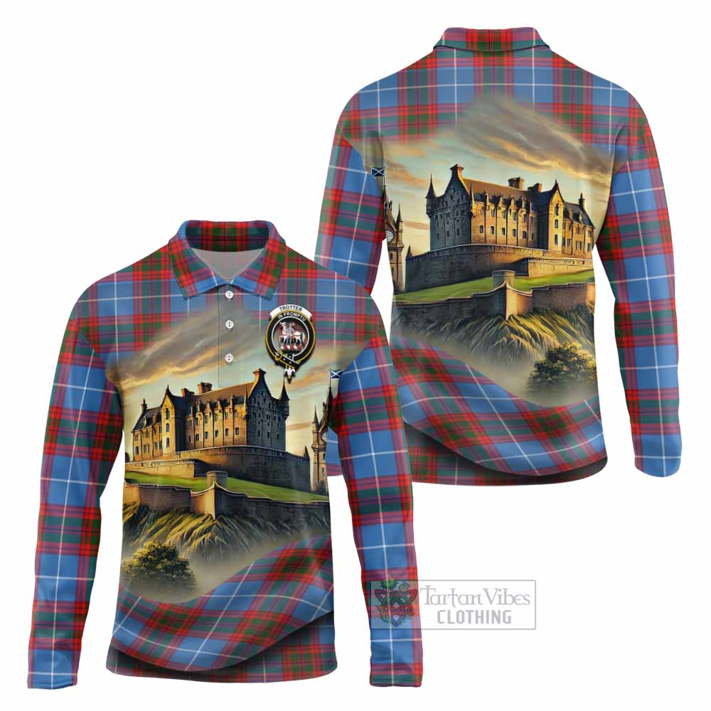 Trotter Tartan Family Crest Long Sleeve Polo Shirt with Scottish Ancient Castle Style - Tartan Vibes Clothing