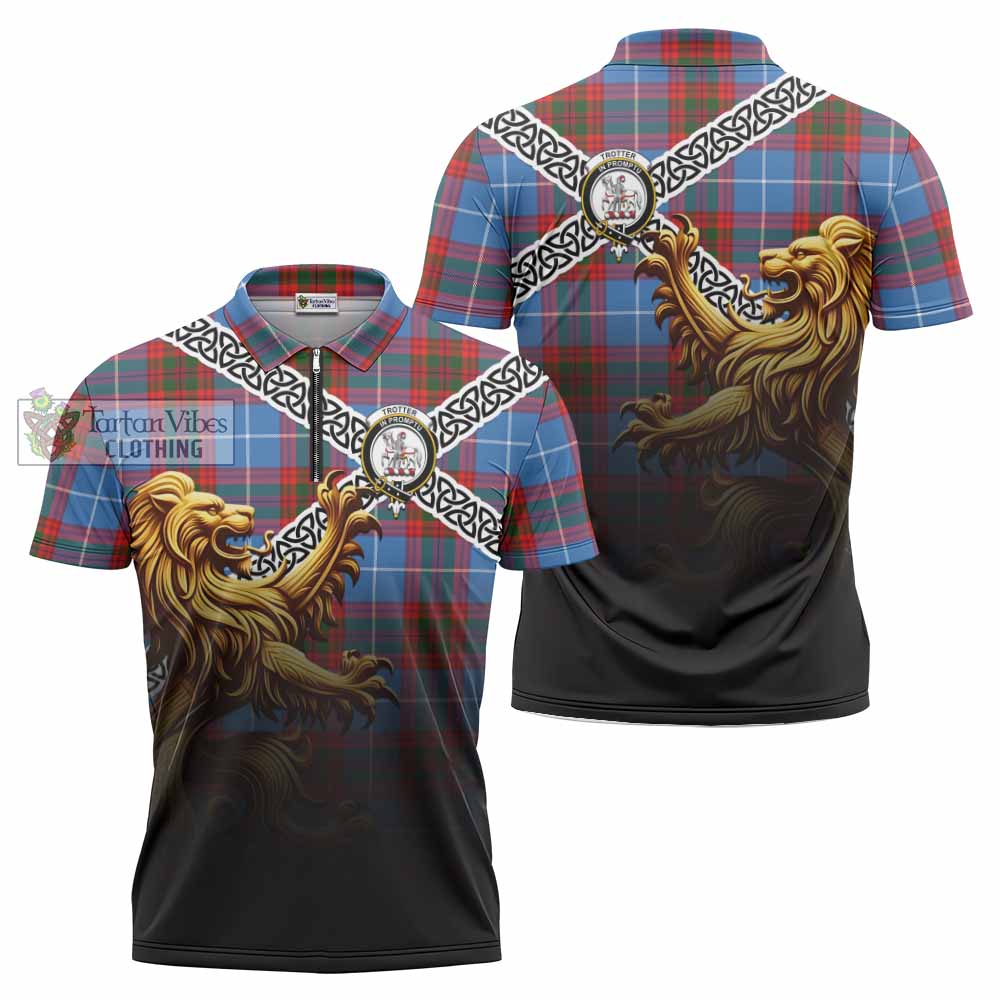 Trotter Crest Tartan Zipper Polo Shirt with Golden Lion Emblem Celtic Style - Tartan Vibes Clothing