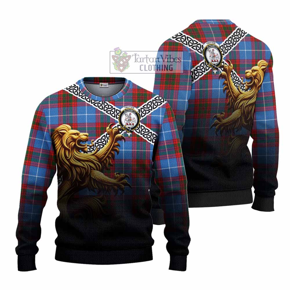 Trotter Crest Tartan Knitted Sweater with Golden Lion Emblem Celtic Style - Tartan Vibes Clothing