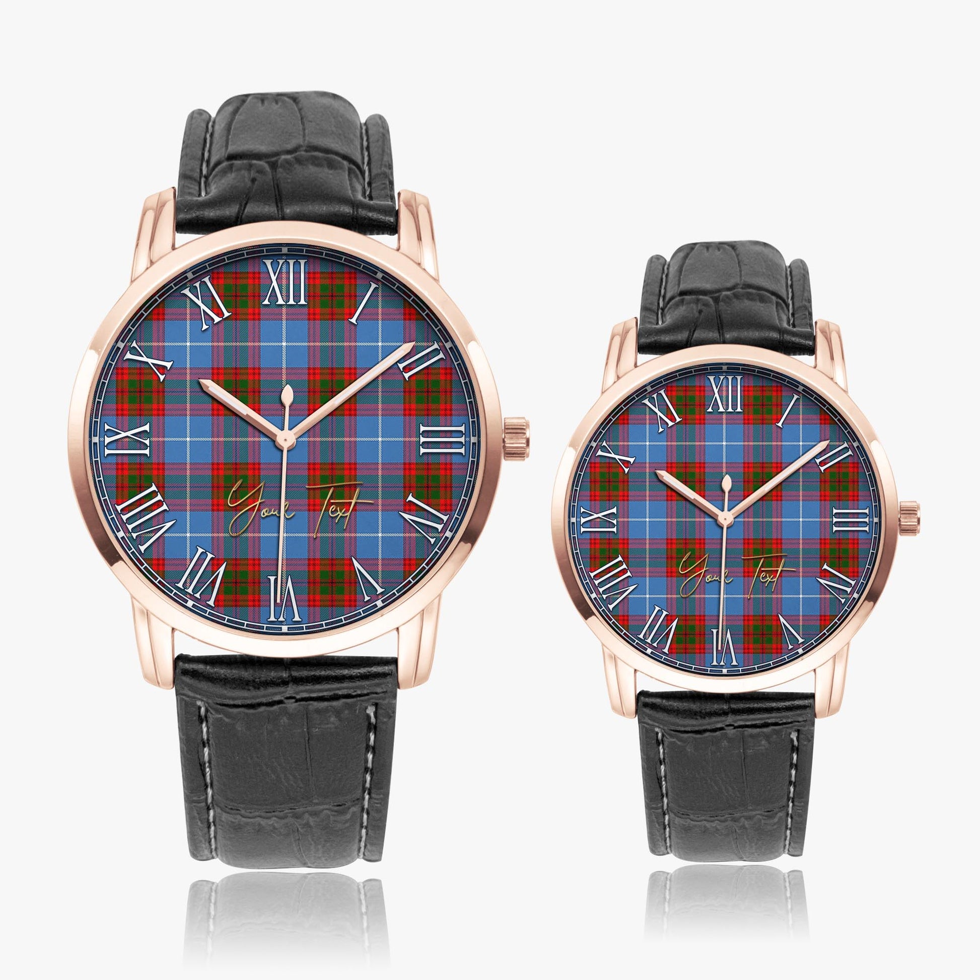 Trotter Tartan Personalized Your Text Leather Trap Quartz Watch Wide Type Rose Gold Case With Black Leather Strap - Tartanvibesclothing Shop