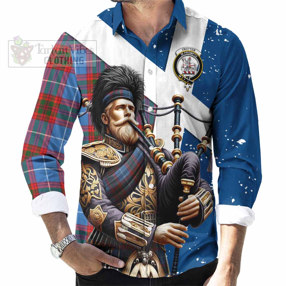 Trotter Tartan Long Sleeve Button Shirt with Family Crest Scottish Bagpiper Vibes - Tartan Vibes Clothing