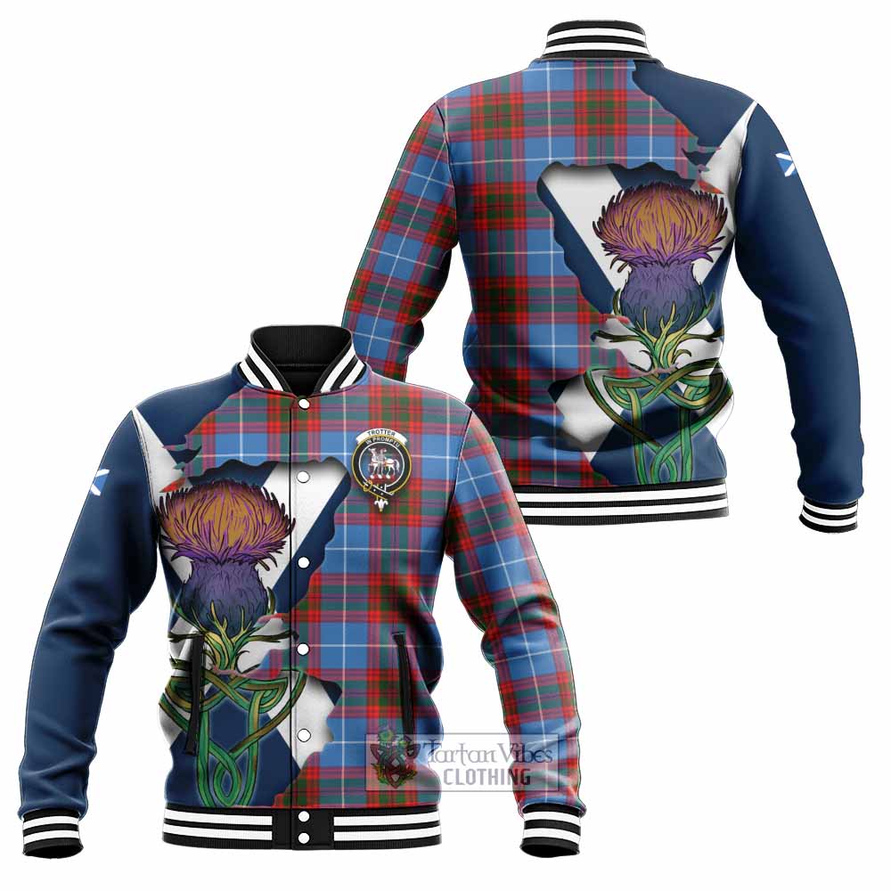 Tartan Vibes Clothing Trotter Tartan Family Crest Baseball Jacket Scottish Thistle Celtic Inspired