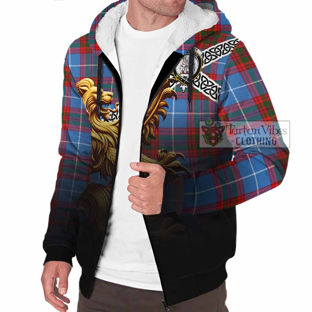 Trotter Crest Tartan Sherpa Hoodie with Golden Lion Emblem Celtic Style - Tartan Vibes Clothing