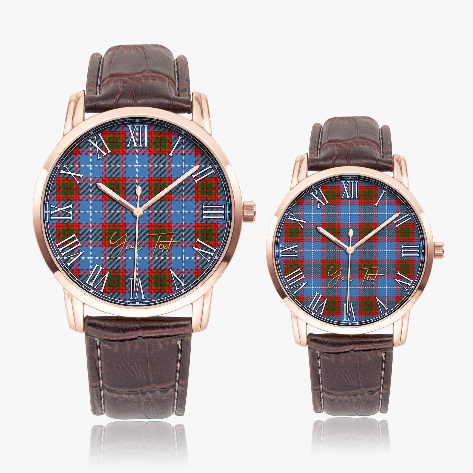 Trotter Tartan Personalized Your Text Leather Trap Quartz Watch Wide Type Rose Gold Case With Brown Leather Strap - Tartanvibesclothing Shop