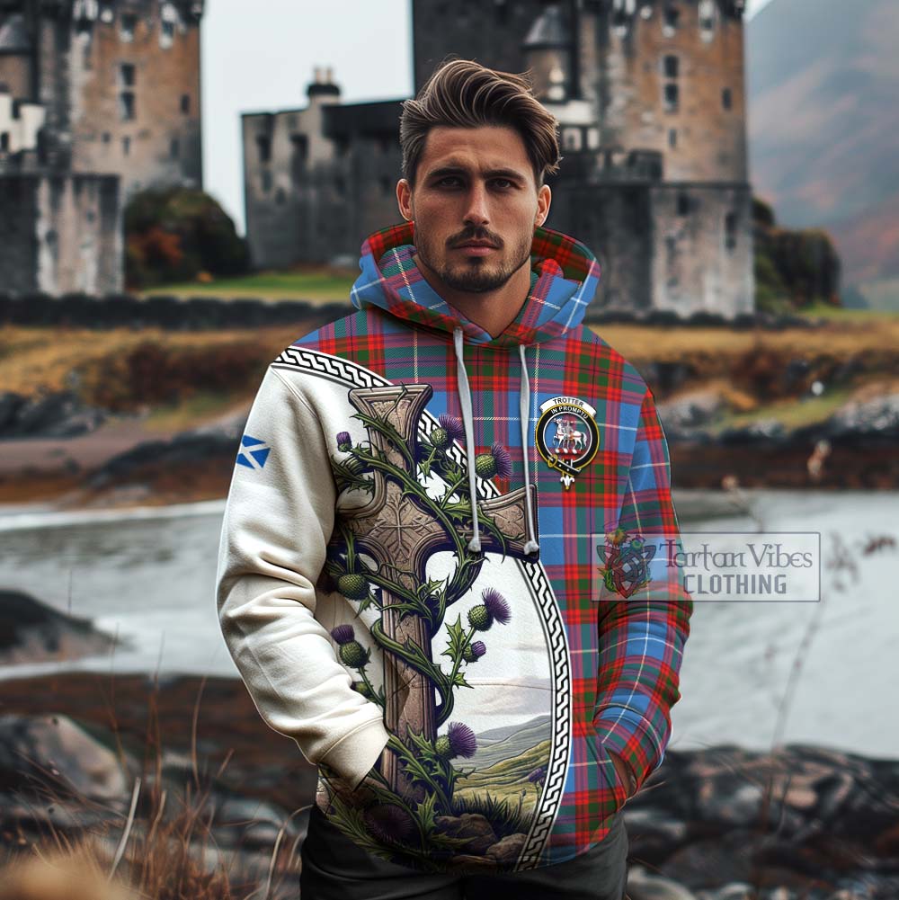 Tartan Vibes Clothing Trotter Tartan Cotton Hoodie with Family Crest and St. Andrew's Cross Accented by Thistle Vines