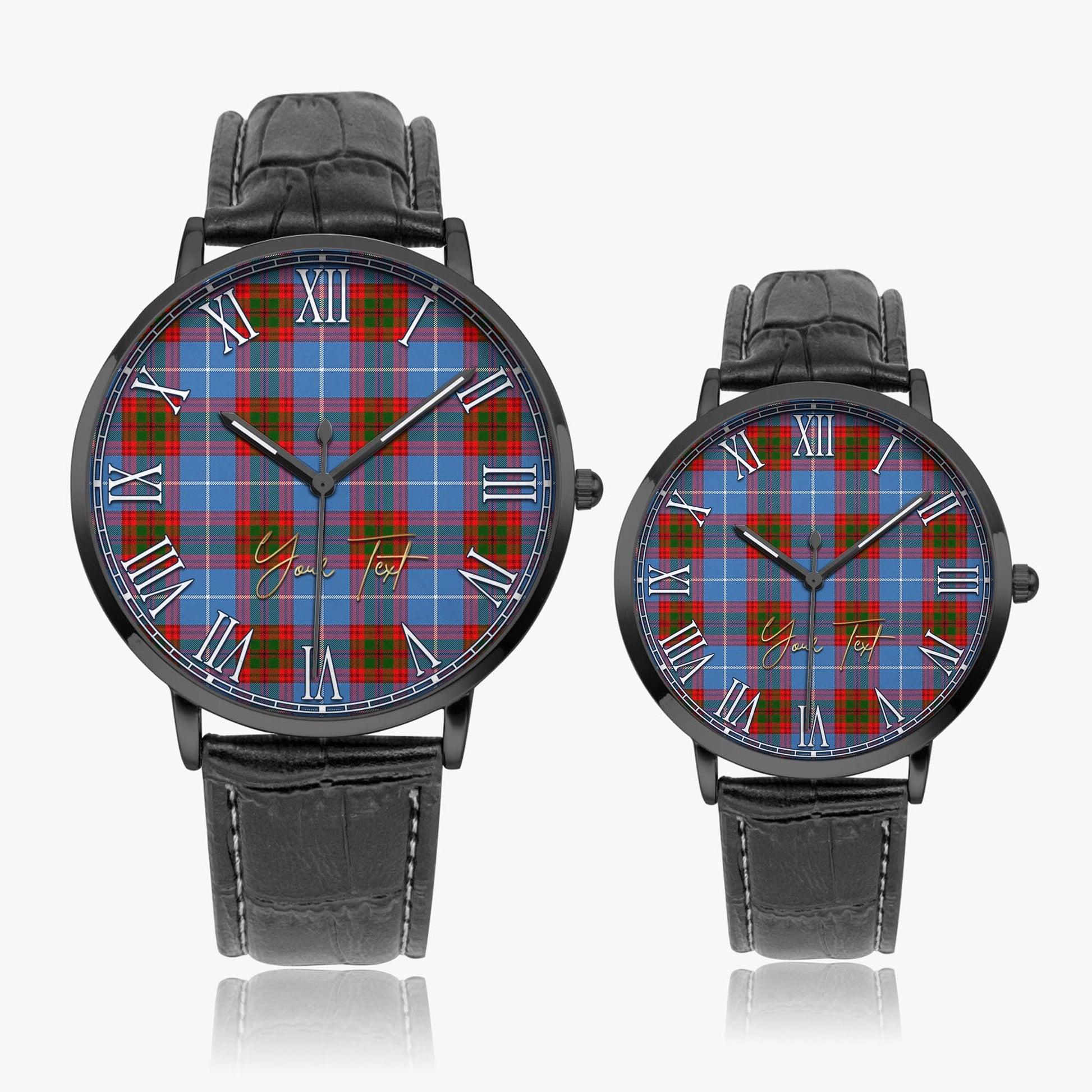 Trotter Tartan Personalized Your Text Leather Trap Quartz Watch Ultra Thin Black Case With Black Leather Strap - Tartanvibesclothing Shop