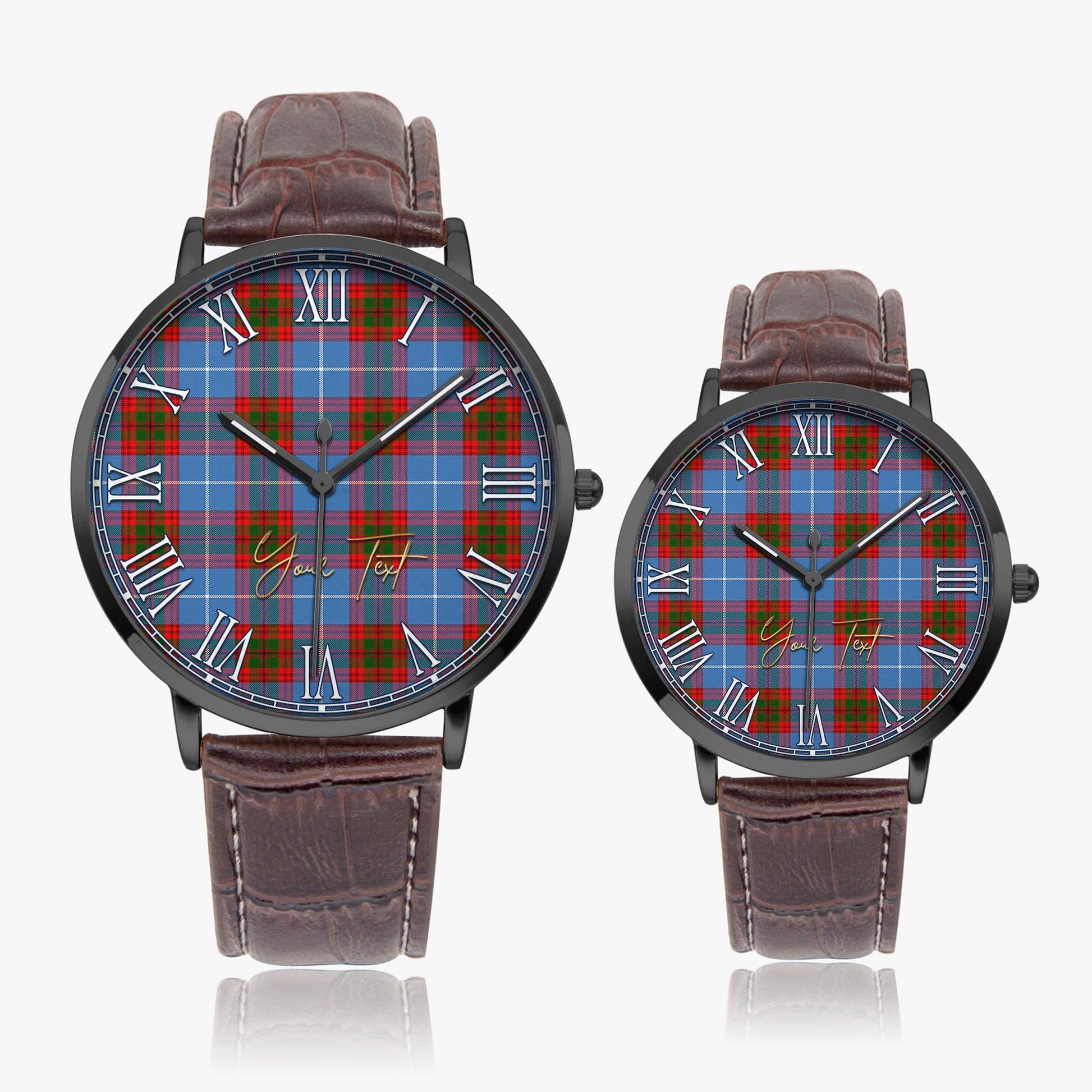 Trotter Tartan Personalized Your Text Leather Trap Quartz Watch Ultra Thin Black Case With Brown Leather Strap - Tartanvibesclothing Shop