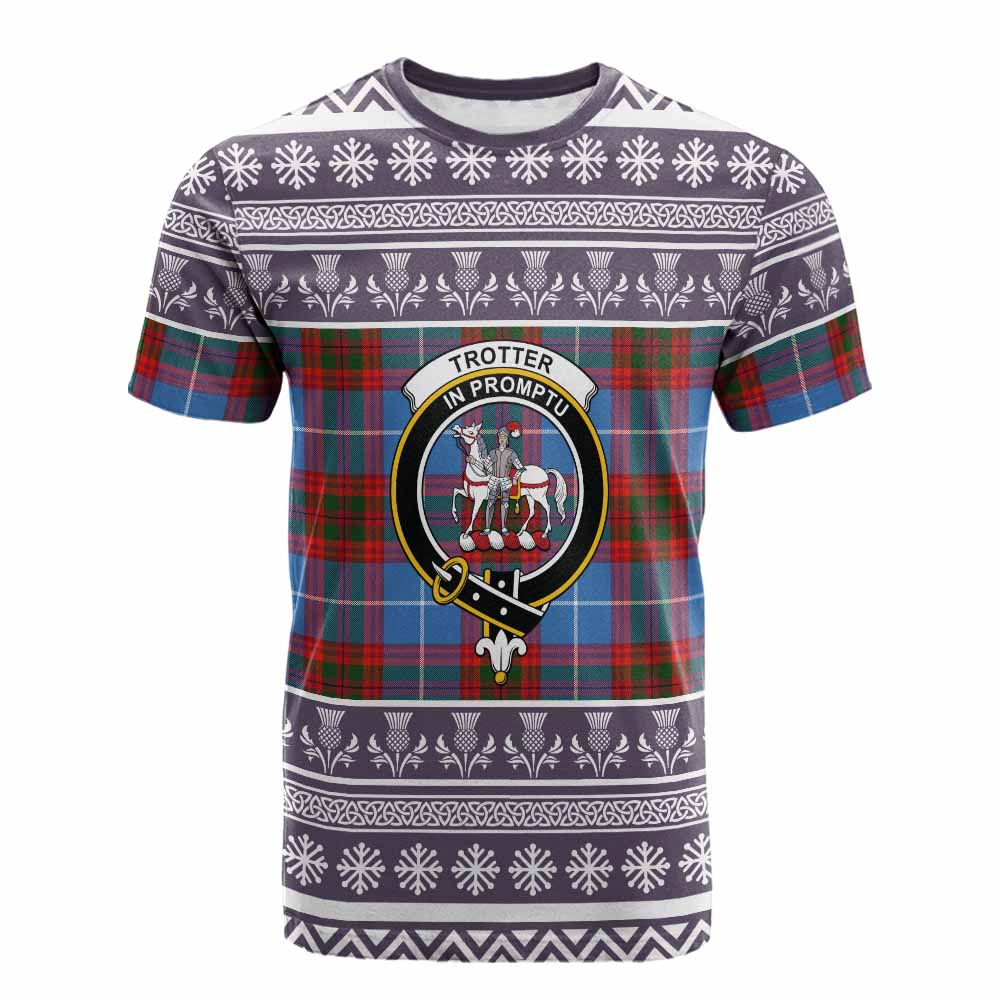 Trotter Clan Tartan Christmas Cotton T-shirt with Family Crest - Tartan Vibes Clothing