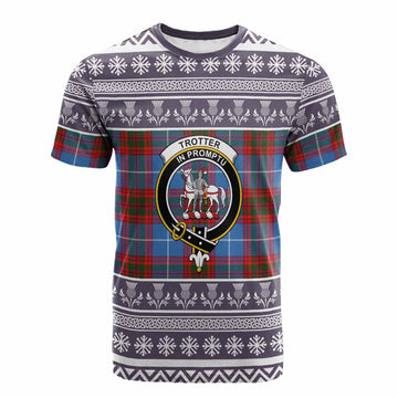 Trotter Clan Tartan Christmas Cotton T-shirt with Family Crest