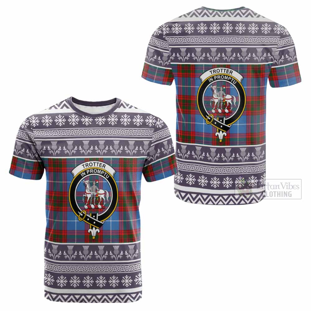 Trotter Clan Tartan Christmas Cotton T-shirt with Family Crest - Tartan Vibes Clothing