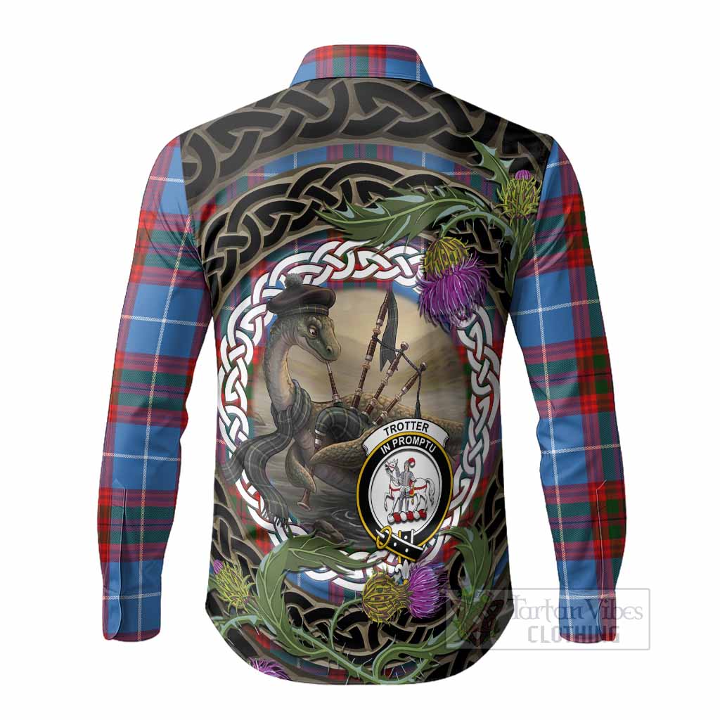 Trotter Tartan Crest Bagpipe Nessie Long Sleeve Button Shirts Scottish Loch Ness Monster Celtic Thistle