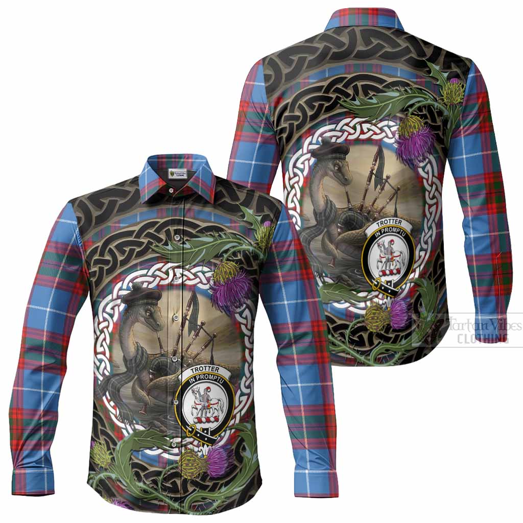 Trotter Tartan Crest Bagpipe Nessie Long Sleeve Button Shirts Scottish Loch Ness Monster Celtic Thistle