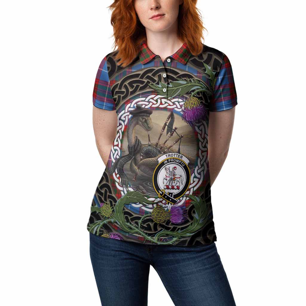 Trotter Tartan Crest Bagpipe Nessie Women Polo Shirt Scottish Loch Ness Monster Celtic Thistle