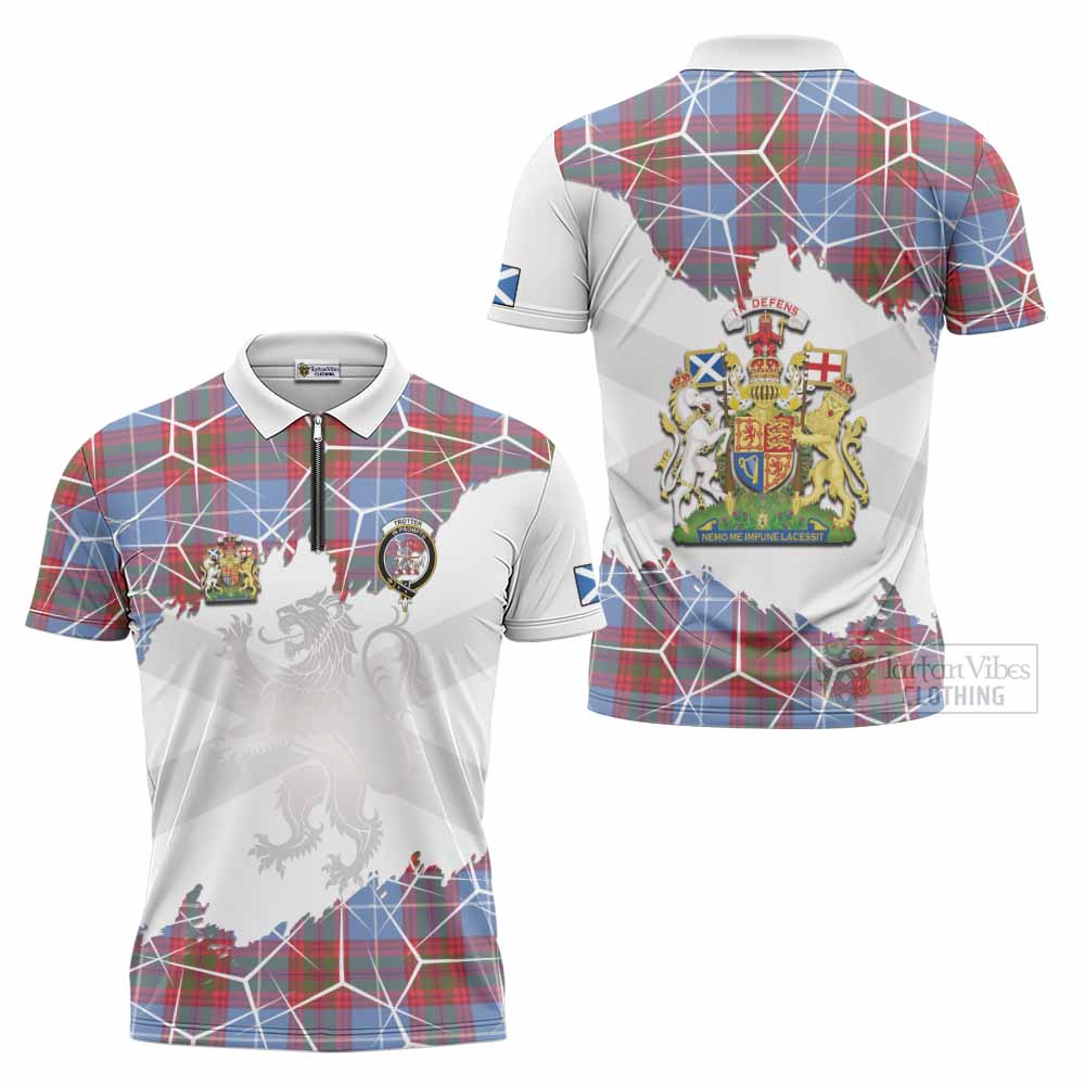 Trotter Tartan Zipper Polo Shirt with Family Crest and Lion Rampant Grunge Style