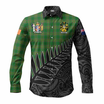 Tartan Vibes Clothing Trumbull Irish Clan Tartan Long Sleeve Button Shirt with Coat of Arms New Zealand Silver Fern Half Style