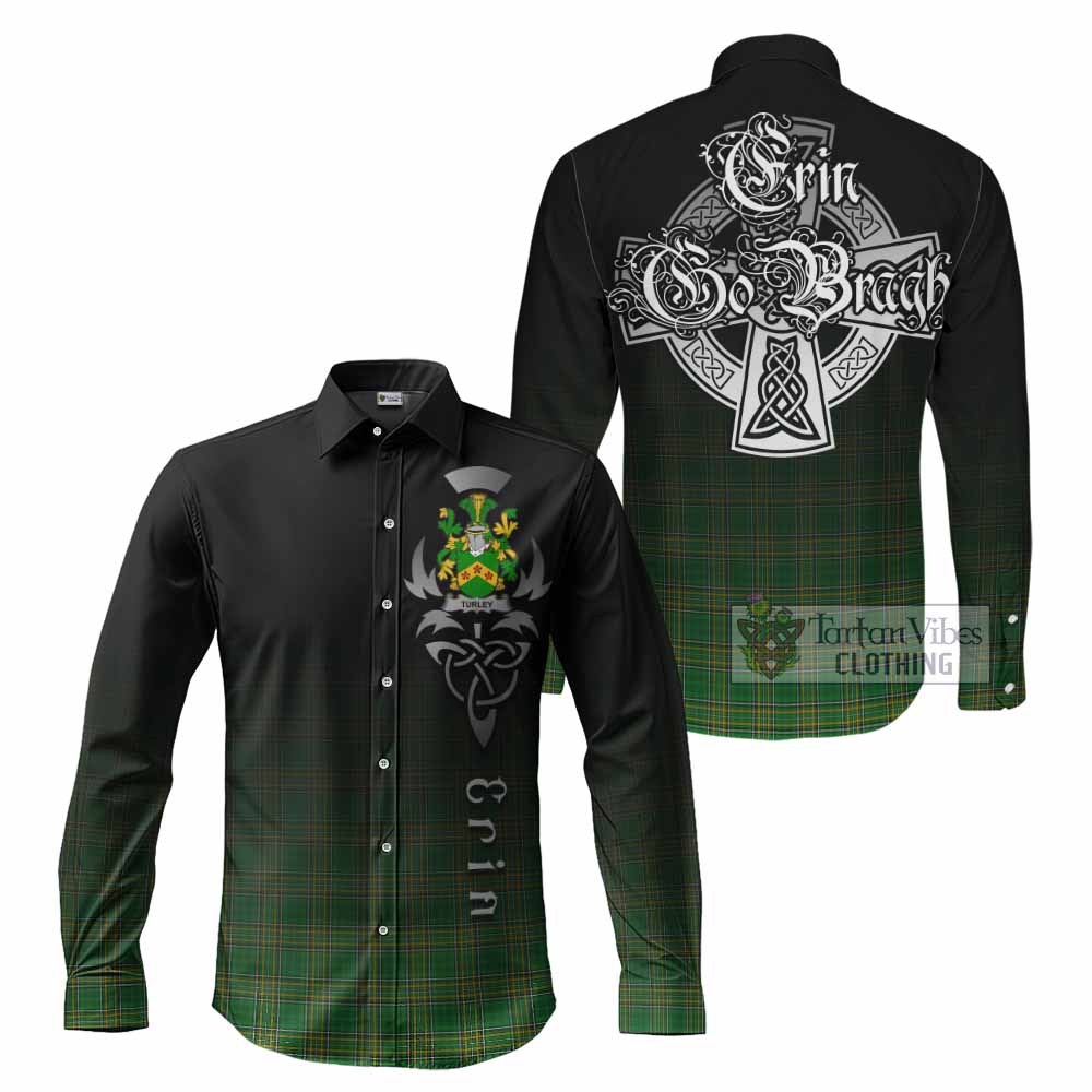 Tartan Vibes Clothing Turkey Irish Clan Long Sleeve Button Shirt with Coat of Arms Erin Go Bragh Celtic Inspired