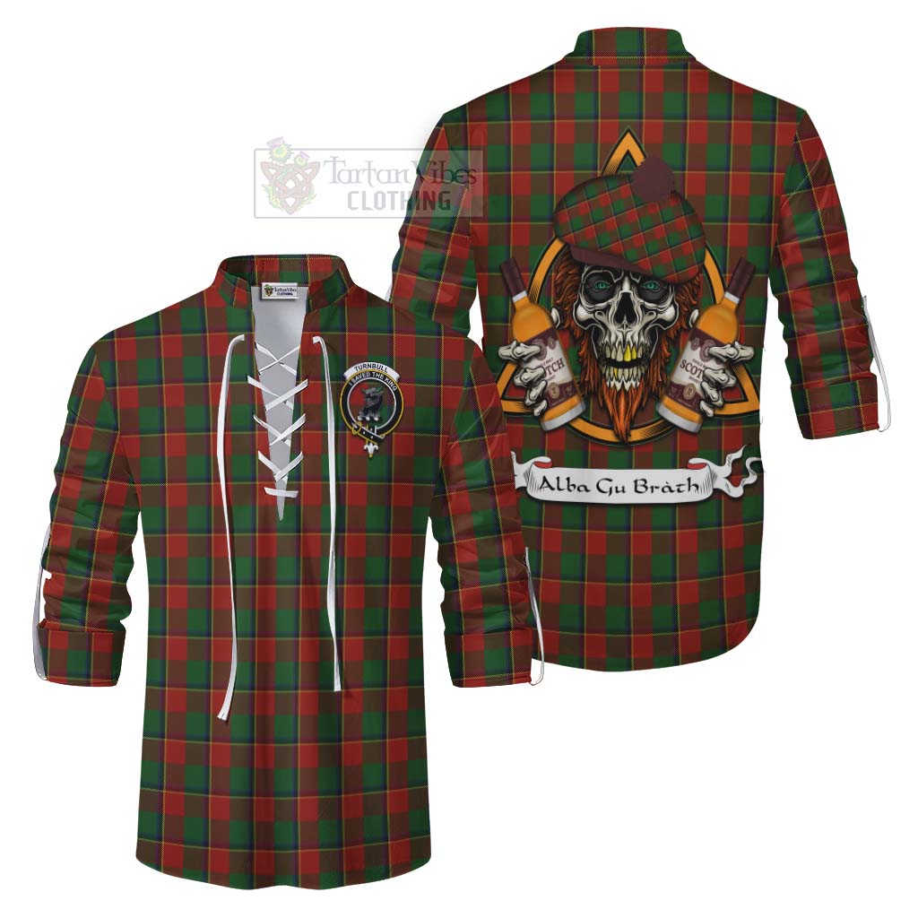 Tartan Vibes Clothing Turnbull Tartan Ghillie Kilt Shirt with Family Crest and Bearded Skull Holding Bottles of Whiskey