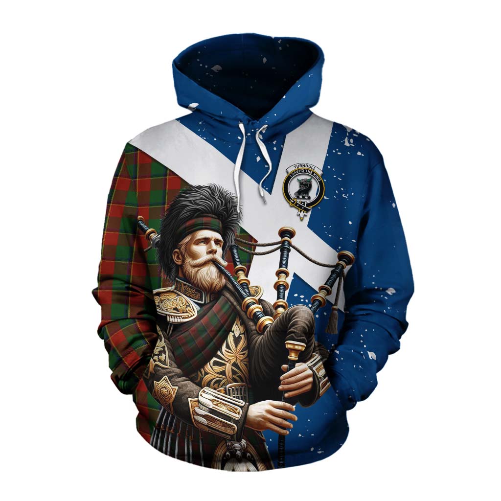 Tartan Vibes Clothing Turnbull Tartan Cotton Hoodie with Family Crest Scottish Bagpiper Vibes