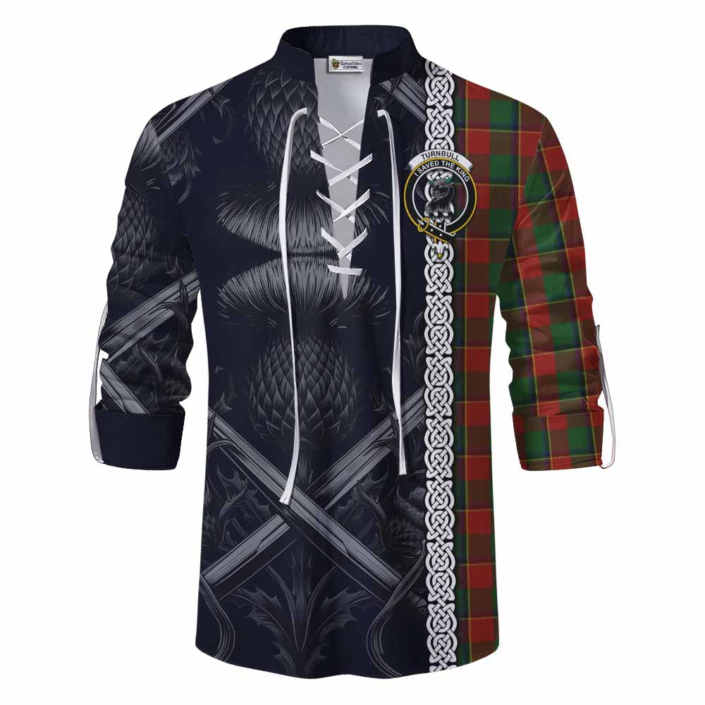 Tartan Vibes Clothing Turnbull Tartan Ghillie Kilt Shirt with Family Crest Cross Sword Thistle Celtic Vibes