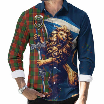 Tartan Vibes Clothing Turnbull Tartan Family Crest Long Sleeve Button Shirt with Scottish Majestic Lion