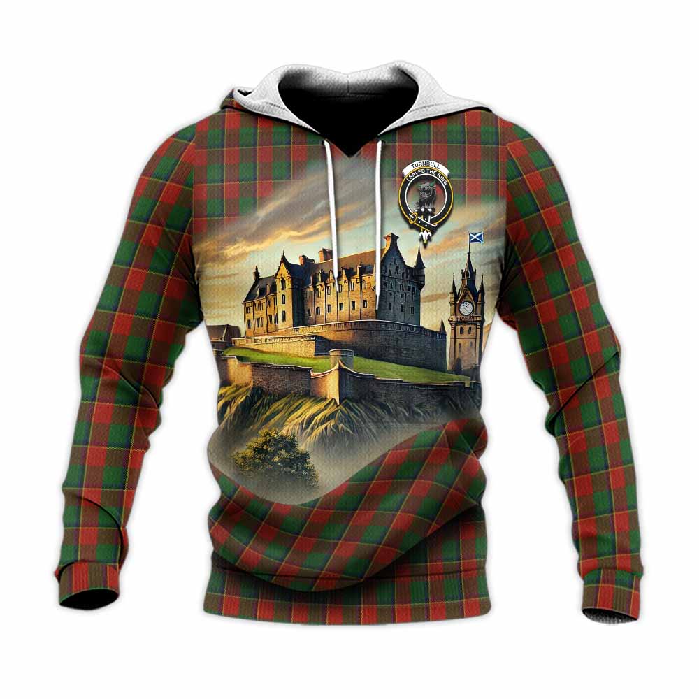 Tartan Vibes Clothing Turnbull Tartan Family Crest Knitted Hoodie with Scottish Ancient Castle Style