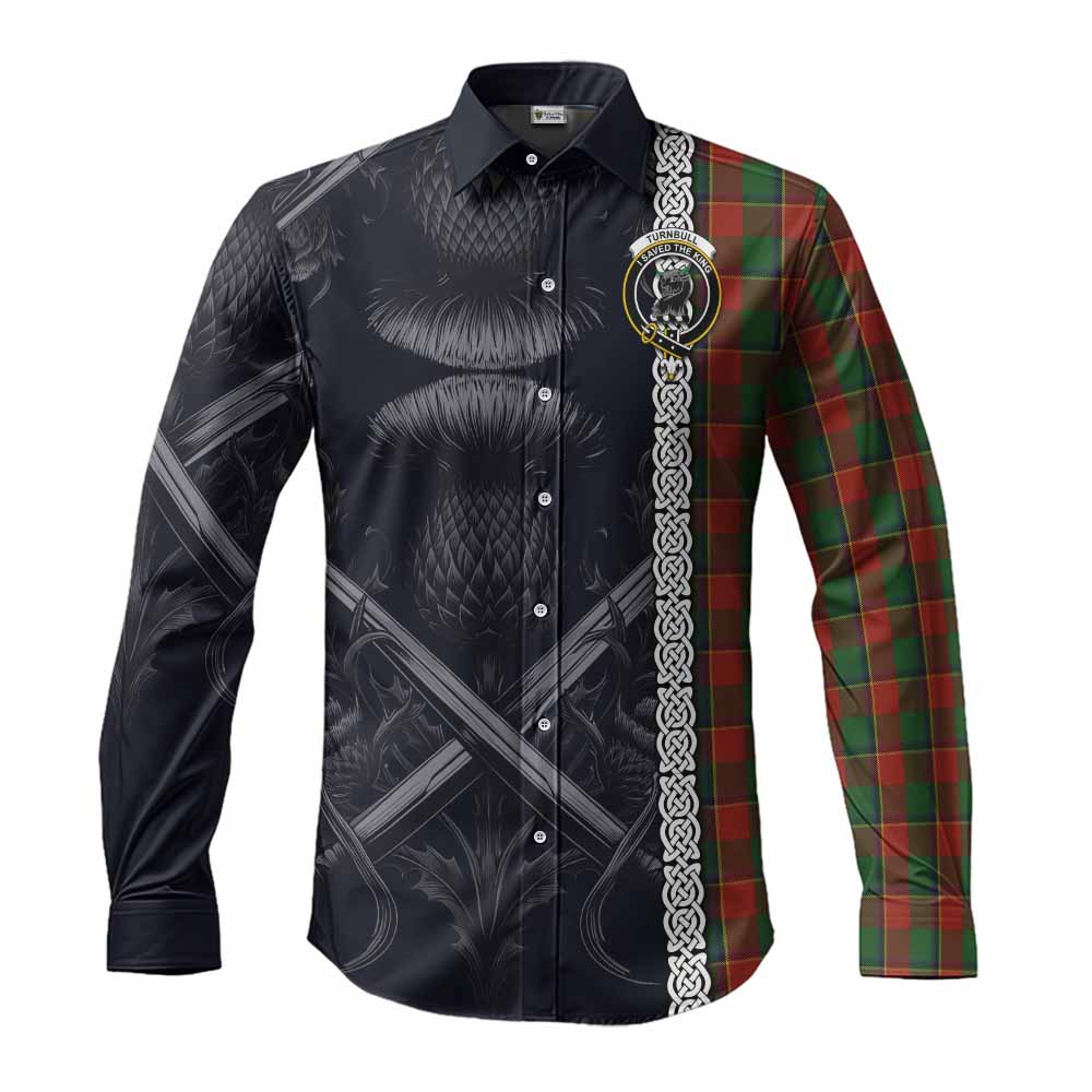 Tartan Vibes Clothing Turnbull Tartan Long Sleeve Button Shirt with Family Crest Cross Sword Thistle Celtic Vibes