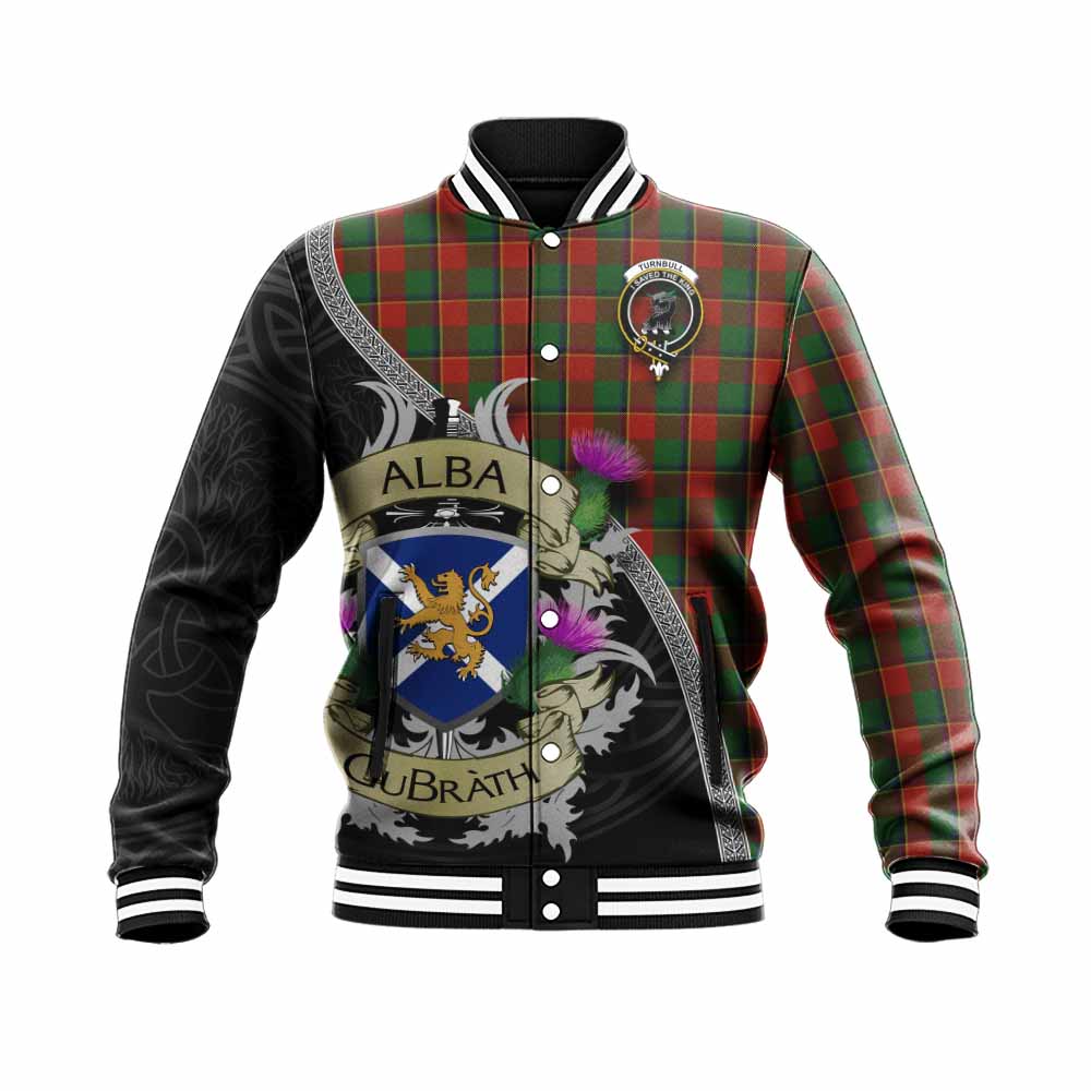 Tartan Vibes Clothing Turnbull Tartan Family Crest Baseball Jacket Lion Rampant Royal Thistle Shield Celtic Inspired