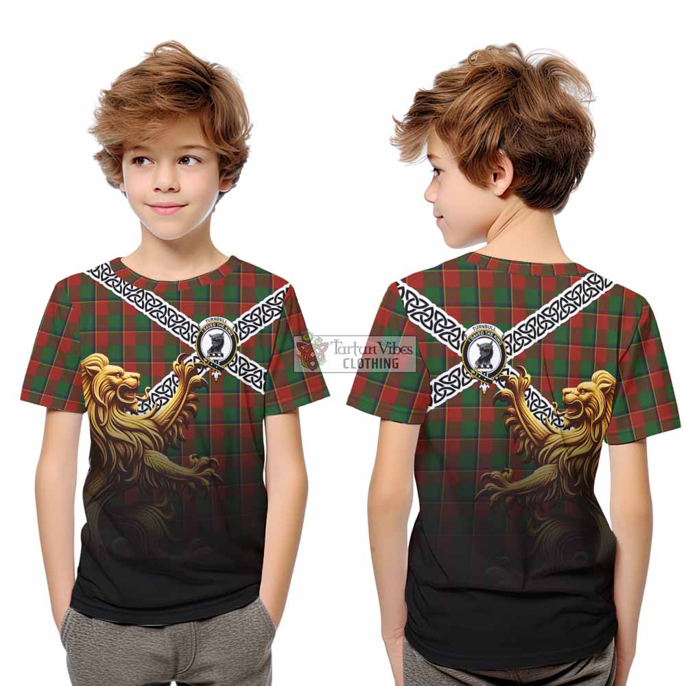 Tartan Vibes Clothing Turnbull Crest Tartan Kid T-Shirt with Golden Lion Emblem Celtic Style