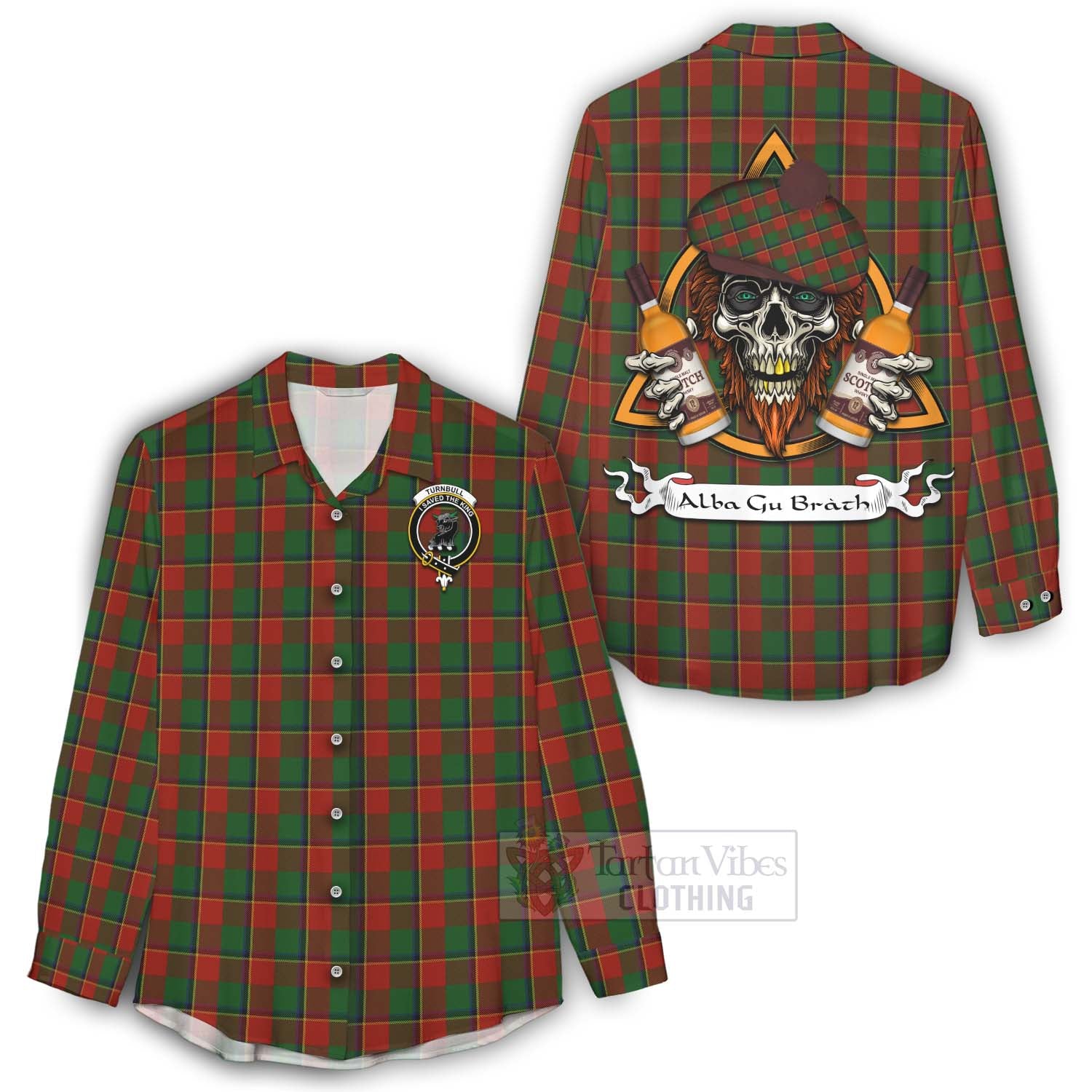 Tartan Vibes Clothing Turnbull Tartan Women's Casual Shirt with Family Crest and Bearded Skull Holding Bottles of Whiskey