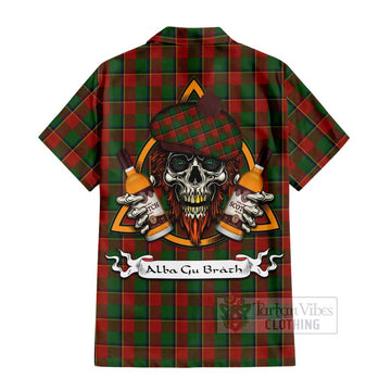 Tartan Vibes Clothing Turnbull Tartan Short Sleeve Button Shirt with Family Crest and Bearded Skull Holding Bottles of Whiskey