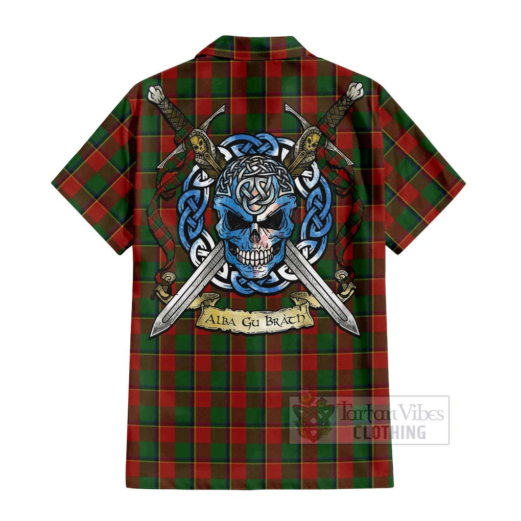 Tartan Vibes Clothing Turnbull Tartan Short Sleeve Button Shirt with Family Crest Celtic Skull Style