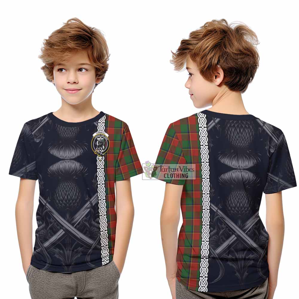 Tartan Vibes Clothing Turnbull Tartan Kid T-Shirt with Family Crest Cross Sword Thistle Celtic Vibes