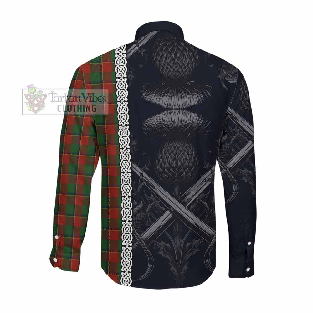 Tartan Vibes Clothing Turnbull Tartan Long Sleeve Button Shirt with Family Crest Cross Sword Thistle Celtic Vibes